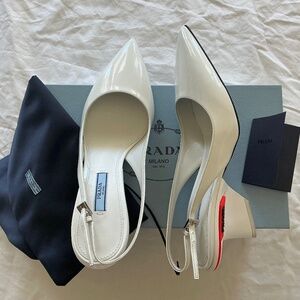 PRADA White Pointed Toe Leather Slingback Wedge Pumps (Size: 38)